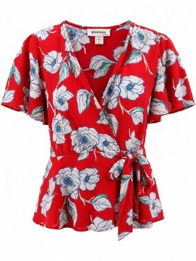 Monteau Red Floral Faux Wrap Tie Blouse Size S